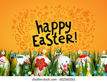 Template vector card with hand drawn elements and realistic decorated eggs. Bunny, cake, willow and chicken. Inscription Happy Easter. Yellow background. Doodle sketch. 3D. Russian folk painting.