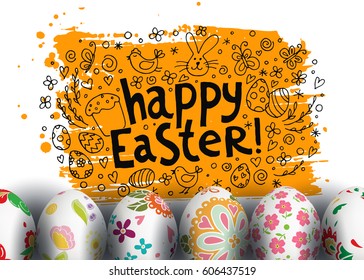 Template vector card with hand drawn elements and realistic decorated eggs. Bunny, cake, willow and chicken. Inscription Happy Easter. Yellow background. Doodle sketch. 3D.