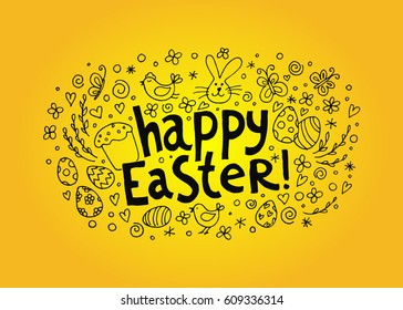 Template vector card with hand drawn elements: bunny, cake, willow, eggs and chicken. 
Inscription Happy Easter. Yellow background. Doodle sketch.