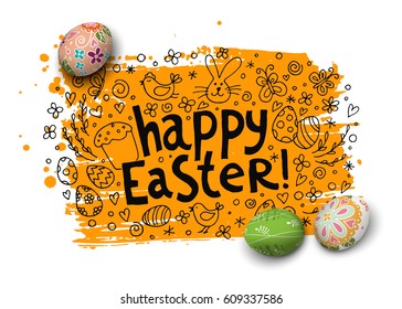 Template vector card with hand drawn elements and realistic decorated eggs. Bunny, cake, willow and chicken. Inscription Happy Easter. Orange background. Doodle sketch. 3D.
