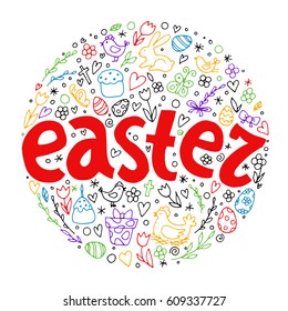 Template vector card with hand drawn elements: bunny, cake, willow, eggs and chicken. 
Inscription Happy Easter. Colorful. Doodle sketch in the circle.
