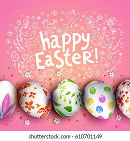 Template vector card with hand drawn elements and realistic decorated eggs. Bunny, cake, willow and chicken. Inscription Happy Easter. Pink background. Doodle sketch. 3D.