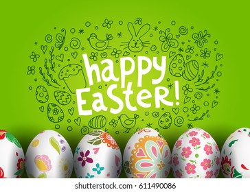 Template vector card with hand drawn elements and realistic decorated eggs. Bunny, cake, willow and chicken. Inscription Happy Easter. Green background. Doodle sketch. 3D.