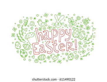 Template vector card with hand drawn elements: bunny, cake, willow, eggs and chicken. 
Inscription Happy Easter. Doodle sketch.