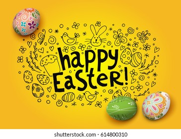 Template vector card with hand drawn elements and realistic decorated eggs. Bunny, cake, willow and chicken. Inscription Happy Easter. Yellow background. Doodle sketch. 3D.