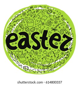 Template vector card with hand drawn elements: bunny, cake, willow, eggs and chicken. 
Inscription Happy Easter. Doodle sketch in the green circle.