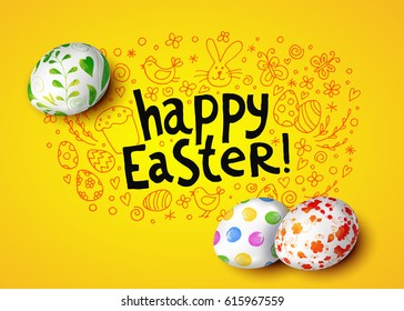 Template vector card with hand drawn elements and realistic decorated eggs. Bunny, cake, willow and chicken. Inscription Happy Easter. Yellow background. Doodle sketch. 3D.