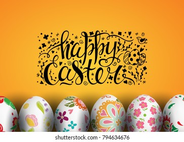 Template vector card with hand drawn elements and realistic decorated 3D eggs. Handwritten inscription Happy Easter. Yellow background. Doodle sketch. Brush lettering.