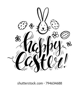 Template vector card with hand drawn bunny, flowers and eggs. 
Handwritten inscription Happy Easter. Black and white. Doodle sketch. Brush lettering. Modern calligraphy.