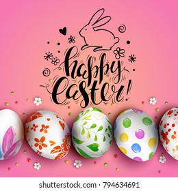 Template vector card with hand drawn elements and realistic decorated 3D eggs. Bunny and flowers. Inscription Happy Easter. Pink background. Doodle sketch.