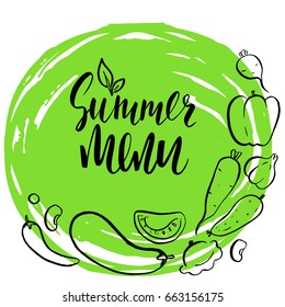 Template vector card. Handwritten calligraphy inscription Summer menu. Healthy farm food. Ink brush lettering. Hand drawn vegetables with rough edges. Sketch vegan icons. 