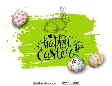 Template vector card with handwritten inscription Happy Easter and realistic decorated 3D eggs. Green background. Hand drawn sketch in engraving style. Brush lettering and modern calligraphy. Bunny on