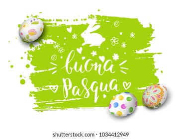 Template vector card with Italian handwritten inscription Happy Easter and realistic decorated 3D eggs. Green background. Doodle sketch. Brush lettering and modern calligraphy. Bunny on glade.