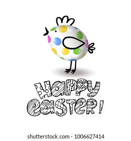 Template vector card with realistic 3D eggs decorated chicken. Hand drawn iInscription Happy Easter. 
