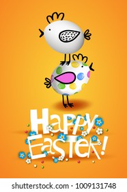 Template vector card with realistic 3D eggs decorated chicken. Inscription Happy Easter and flowers. Yellow background.