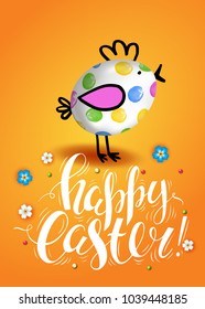 Template vector card with realistic 3D eggs decorated chicken. Handwritten inscription Happy Easter and flowers. Yellow background for kids. Modern calligraphy.