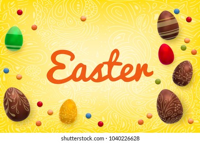 Template vector card with realistic 3d render eggs, candies. Handwriting Happy Easter. Doodles hand drawn elements background.