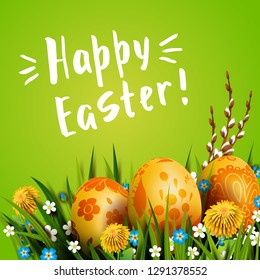 Template vector card with realistic 3d golden eggs, grass and flowers. Handwriting inscription Happy Easter. Green background. Willow branch and dandelions. Floral painted. Lettering, calligraphy. 