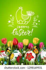 Template vector card with realistic 3D eggs, grass, butterfly and tulips. Handwriting inscription Happy Easter and chicken. Green background. Floral Russian painted. Lettering, calligraphy.