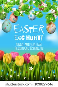 Template vector card with realistic colorful eggs, grass and tulips. Happy Easter. Bright sunny  background.  Foliage. Lettering, calligraphy. 3D. Decorated eggs hang on a tree.
