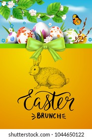 Template vector card with realistic colorful decorated eggs, flowers, willow, bunny and blossom tree. Vector sunny background. 3D. Ribbon and bow. Handwritten inscription Easter brunch. Lettering.