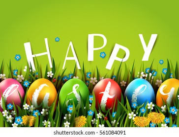 Template vector card with realistic colorful eggs, grass and flowers. Handwriting chalk inscription Happy Easter. Bright green background. Lettering, calligraphy. 3D.