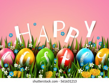 Template vector card with realistic colorful eggs, grass and flowers. Handwriting chalk inscription Happy Easter. Bright pink background. Lettering, calligraphy. 3D.