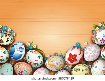 Template vector card with realistic colorful eggs and flowers. Russian folk painting. Happy Easter. 3D.