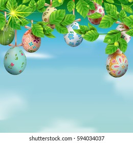 Template vector card with realistic colorful eggs and foliage. Happy Easter. Bright sunny background. Lettering, calligraphy. 3D. Decorated eggs hang on a tree.