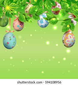 Template vector card with realistic colorful eggs and foliage. Happy Easter. Bright sunny green background. Lettering, calligraphy. 3D. Decorated eggs hang on a tree.