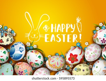 Template vector card with realistic colorful eggs and flowers. Russian folk painting. 3D. Hand draw inscription Happy Easter and bunny. Handwritten brush lettering with rough edges. Yellow background.