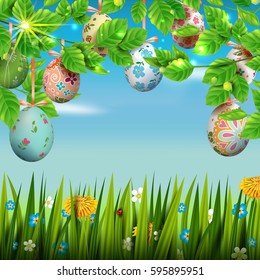 Template vector card with realistic colorful eggs, grass and flowers. Happy Easter. Bright sunny background.  Foliage. 3D. Decorated eggs hang on a tree.