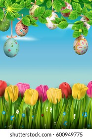 Template vector card with realistic colorful eggs, grass and tulips. Happy Easter. Bright sunny  background.  Foliage. Lettering, calligraphy. 3D. Decorated eggs hang on a tree.