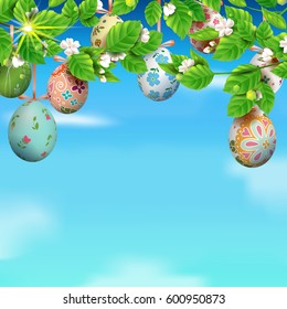 Template vector card with realistic colorful eggs and blossom cherry. Happy Easter. Bright sunny background. 3D. Decorated eggs hang on a tree.