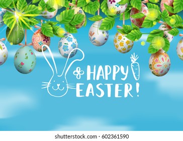Template vector card with realistic colorful eggs. Handwritten inscription Happy Easter and bunny. Modern calligraphy. Brush lettering. Bright sunny background. 3D. Decorated eggs hang on a tree.