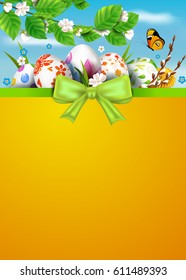 Template vector card with realistic colorful decorated eggs, flowers, willow and blossom tree. Vector sunny background. Happy Easter. 3D. Ribbon and bow.