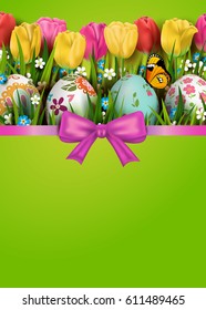 Template vector card with realistic colorful decorated eggs, grass, butterfly and tulips. Happy Easter. Bright green background. Floral painted. 3D. Ribbon and bow.