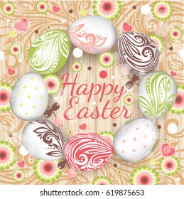 Template vector card with realistic colorful eggs and flowers.