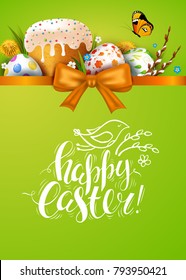 Template vector card with realistic colorful decorated eggs, flowers, willow and cake. Vector green background. Handwriting inscription Happy Easter. Lettering, calligraphy. 3D. Ribbon and bow.