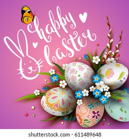 Template vector card with realistic decorated eggs, grass and flowers. Handwriting inscription Happy Easter and bunny. Bright pink background. Willow branch. Lettering, calligraphy. 3D.