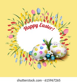 Template vector card with realistic decorated eggs and flowers. Floral frame. Inscription Happy Easter. Yellow background. 3D.