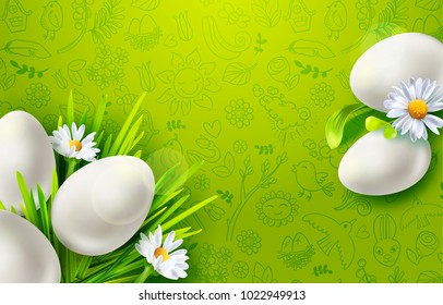 Template vector card with realistic eggs, chamomiles, grass and flowers. Green background. Lettering, calligraphy. 3D. Paper cut out elements and doodles decor for web banner, poster