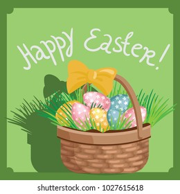 Template vector card with realistic eggs and grass,. Handwriting inscription Happy Easter. Bright background. Lettering, calligraphy.