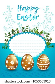 Template vector card with realistic eggs and frame. Easter decoration gift card. Vector illustration isolated on white and blue background.