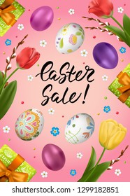 Template vector card with realistic eggs, gift box and flowers. Handwriting inscription Easter Sale. Colorful shiny 3D eggs. Holiday background. Willow branches and tulips. Lettering, calligraphy.