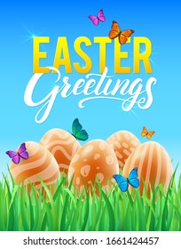 Template vector card with realistic eggs, grass and butterflies. Handwriting inscription Happy Easter. Blue Sky background