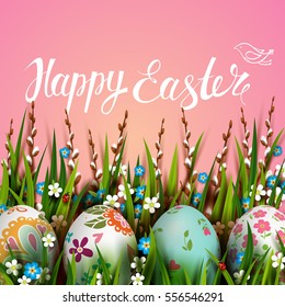 Template vector card with realistic eggs, grass and flowers. Handwriting inscription Happy Easter. Bright pink background. Willow branch. Floral painted. Lettering, calligraphy. 3D.