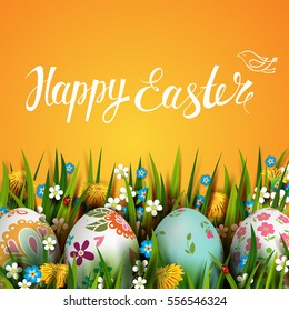 Template vector card with realistic eggs, grass and  dandelions. Handwriting inscription Happy Easter. Bright yellow background. Floral painted. Lettering, calligraphy. 3D.
