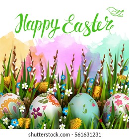 Template vector card with realistic eggs and flowers. Handwriting inscription Happy Easter. Colorful watercolor background. Willow branch and dandelions.  Lettering, calligraphy. 3D. 