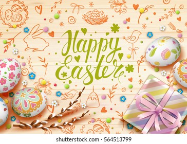 Template vector card with realistic eggs, gift box and flowers. Handwriting inscription Happy Easter. Green background. Willow branch.  Lettering, calligraphy. 3D. Doodles hand drawn elements.